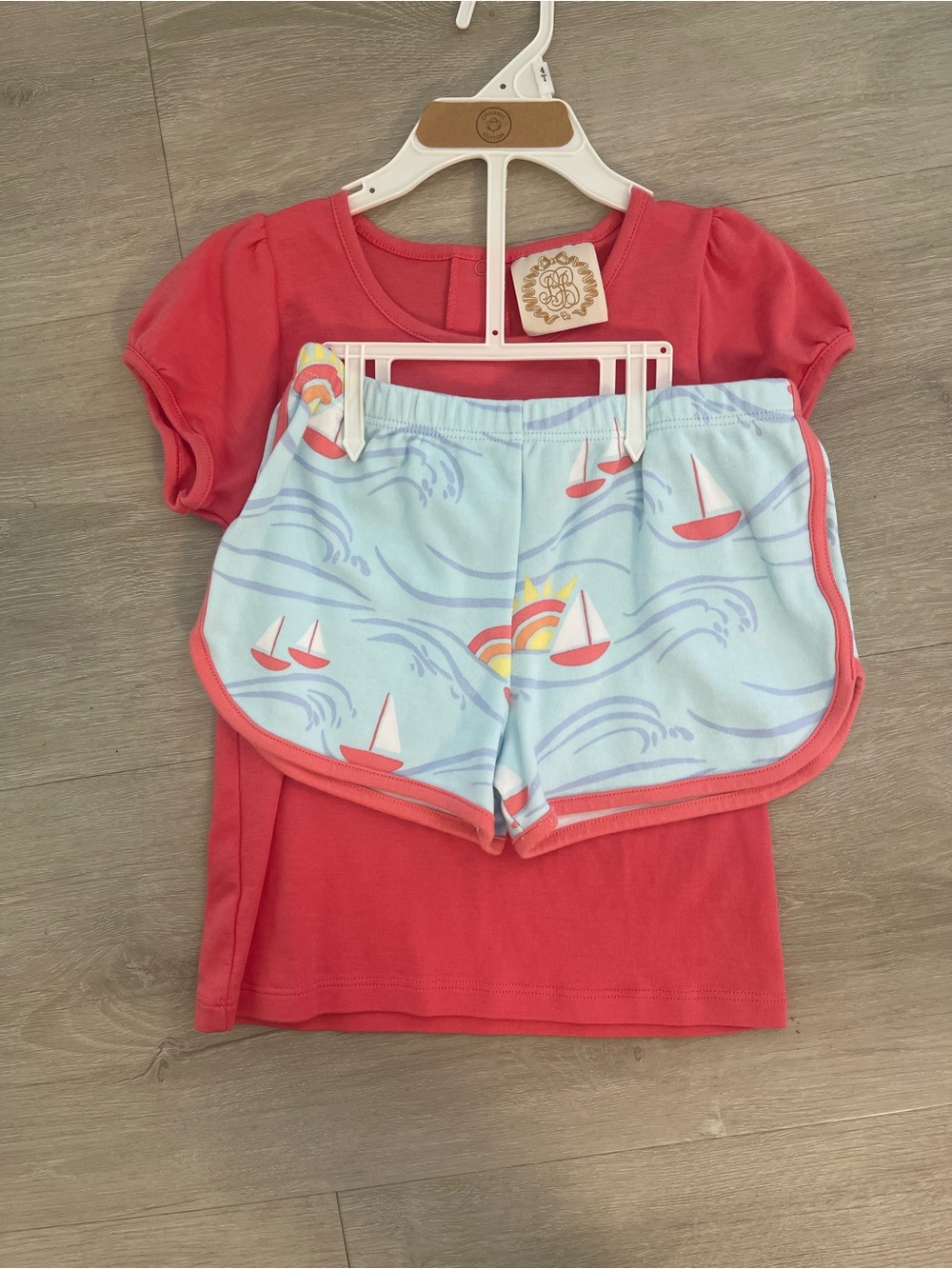 The Beaufort Bonnet Company Coral Top with Light Blue Nautical Shorts Set